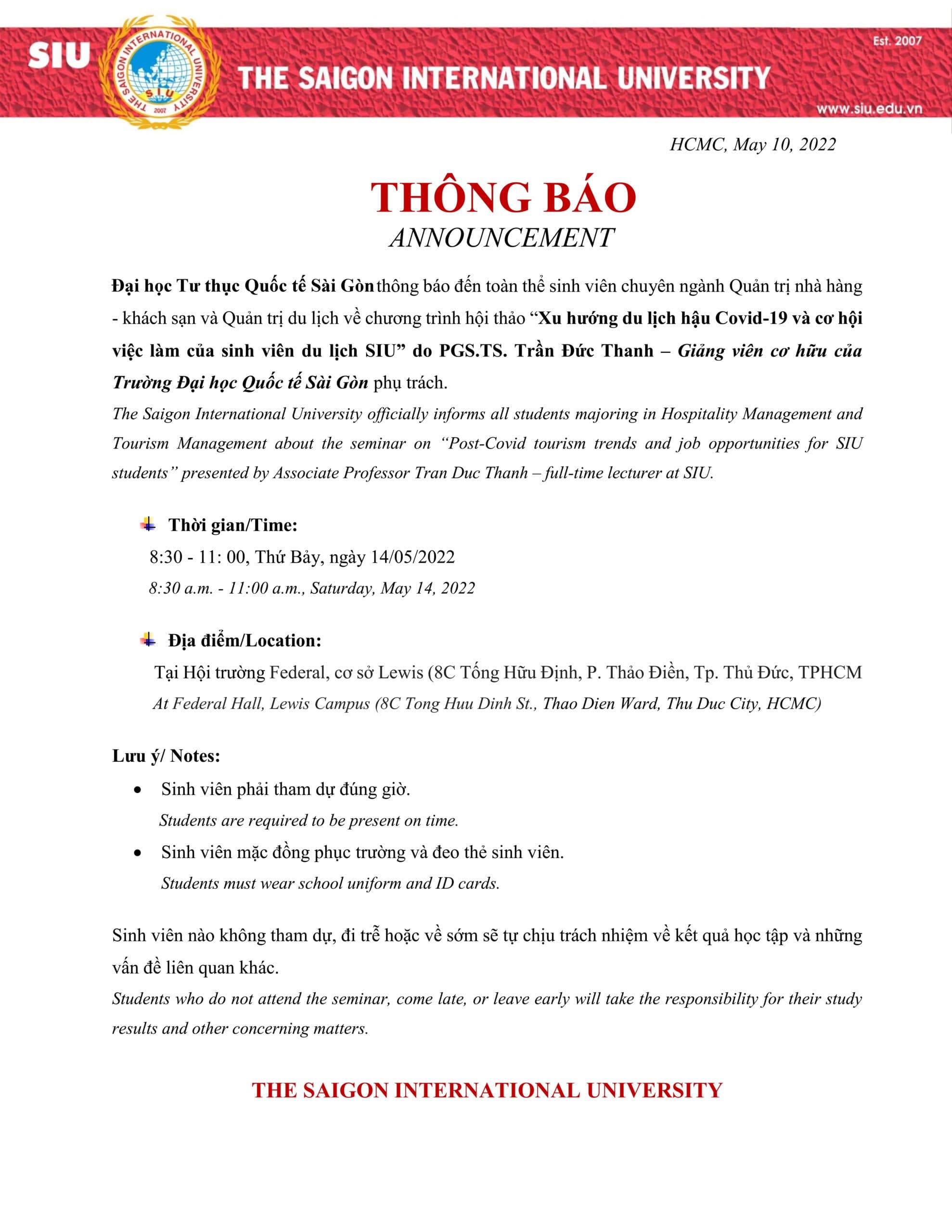 Hội thảo “Xu hướng du lịch hậu Covid-19 và cơ hội việc làm của sinh viên ngành quản trị du lịch SIU”