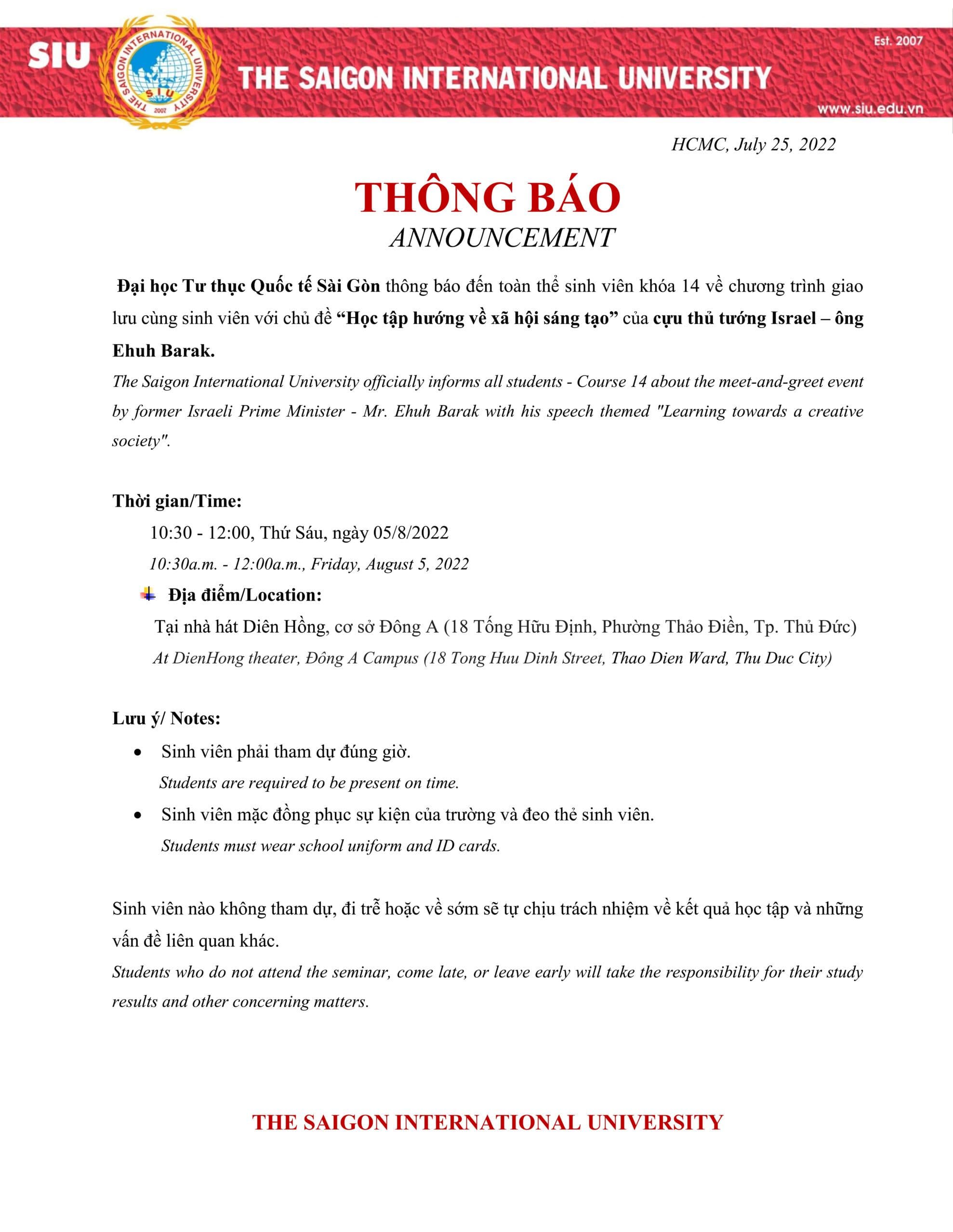 Hội thảo chủ đề “Học tập hướng về xã hội sáng tạo” của cựu thủ tướng Israel – ông Ehuh Barak